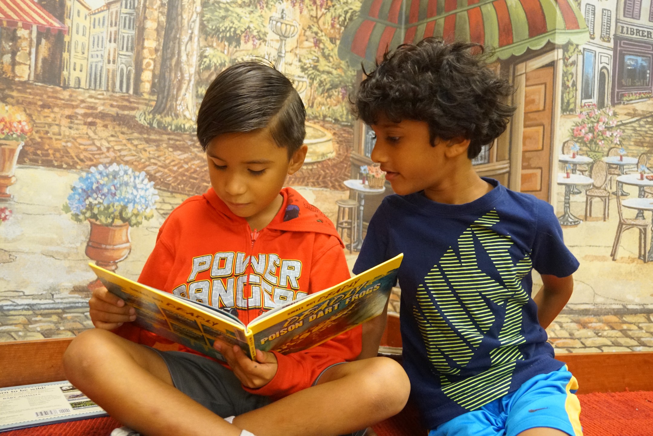 Two boys reading a book